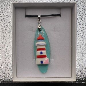 Mini Wood Surf Board Colorful Lighthouse Pendant Necklace